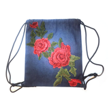 Denim Floral Embroidery Drawstring Backpack