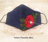 Denim Face Mask with Rose Embroidery and Detachable Chain