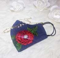 Denim Face Mask with Rose Embroidery and Detachable Chain